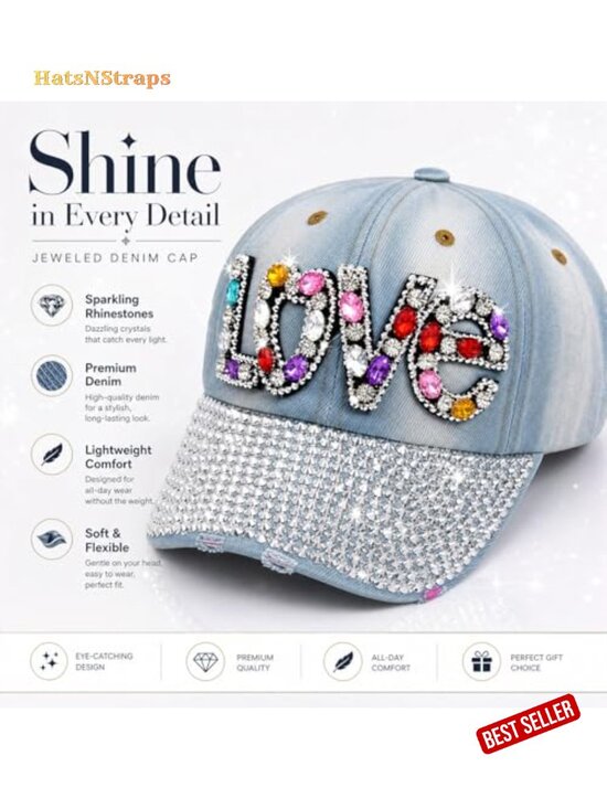 Shiny Bling Love Rhinestone Baseball Cap Summer Adjustable Mesh Ventilated Sun main image 5